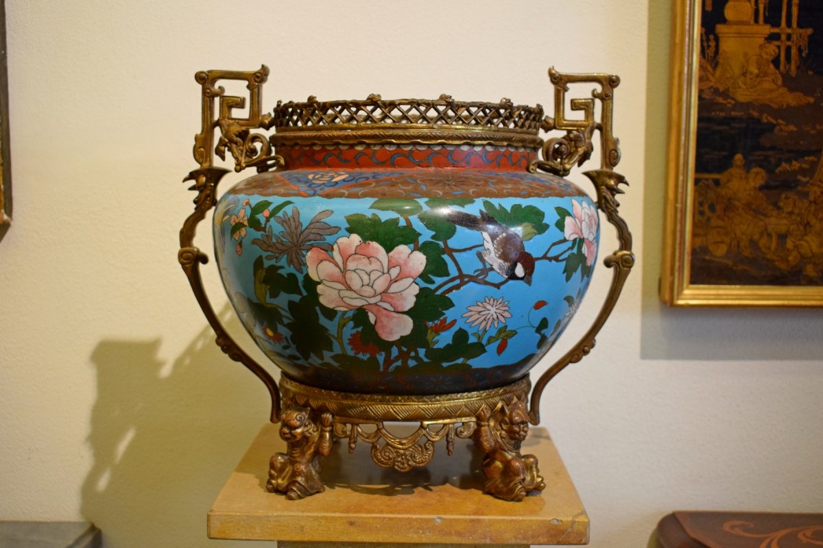 Vase Cloisonné Monté Sur Bronze Doré, France XIX Siècle-photo-1