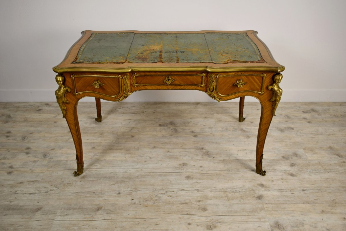 Bureau De Centre En Bois Avec Applications En Bronze Doré, France, Style Louis XV, XIXe Siècle-photo-2