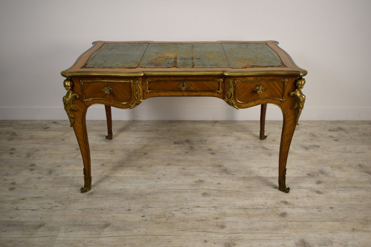 Bureau De Centre En Bois Avec Applications En Bronze Doré, France, Style Louis XV, XIXe Siècle-photo-3