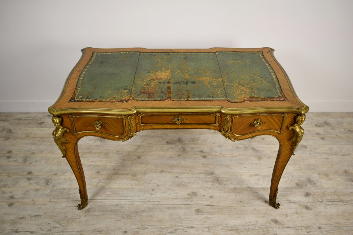 Bureau De Centre En Bois Avec Applications En Bronze Doré, France, Style Louis XV, XIXe Siècle-photo-4