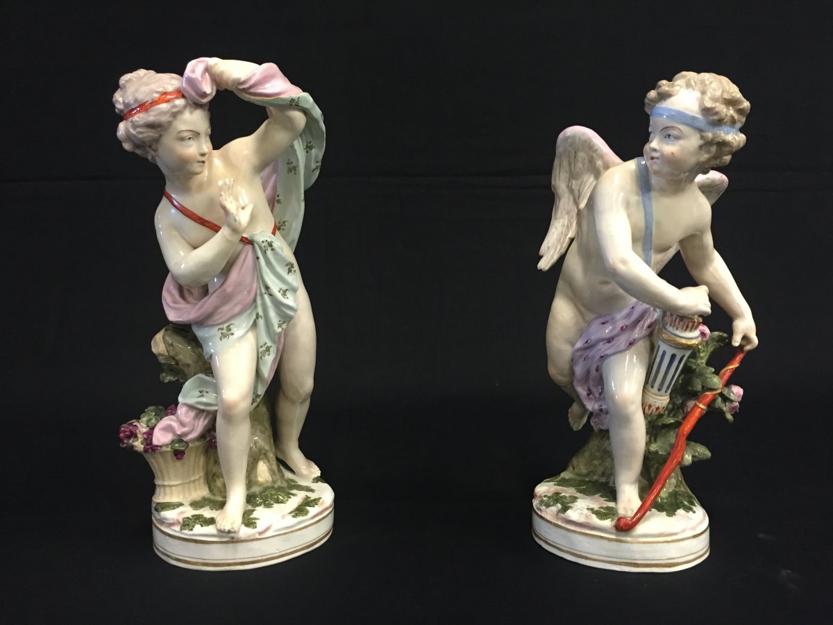 Couple De Sculptures En Porcelaine Polychrome Représentant Amour Et Psyché, France XIXe Siècle-photo-3