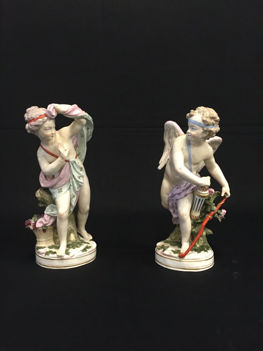 Couple De Sculptures En Porcelaine Polychrome Représentant Amour Et Psyché, France XIXe Siècle-photo-4