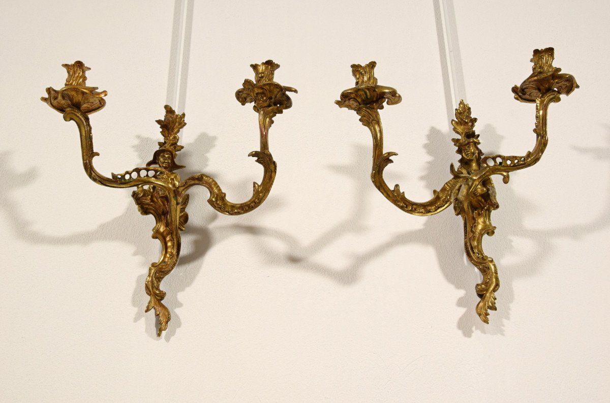 Paire D’appliques En Bronze Doré Avec Des Figures De Chinois, France XIX Siècle-photo-2