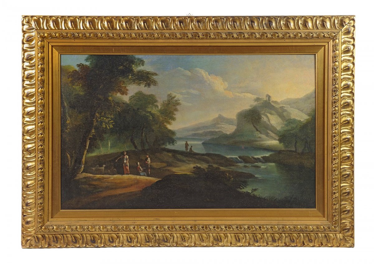 Giovanni Domenico Gambone (1720/ 1793) cerchia di, Paesaggio fluviale con viandanti e pastori, olio su tela