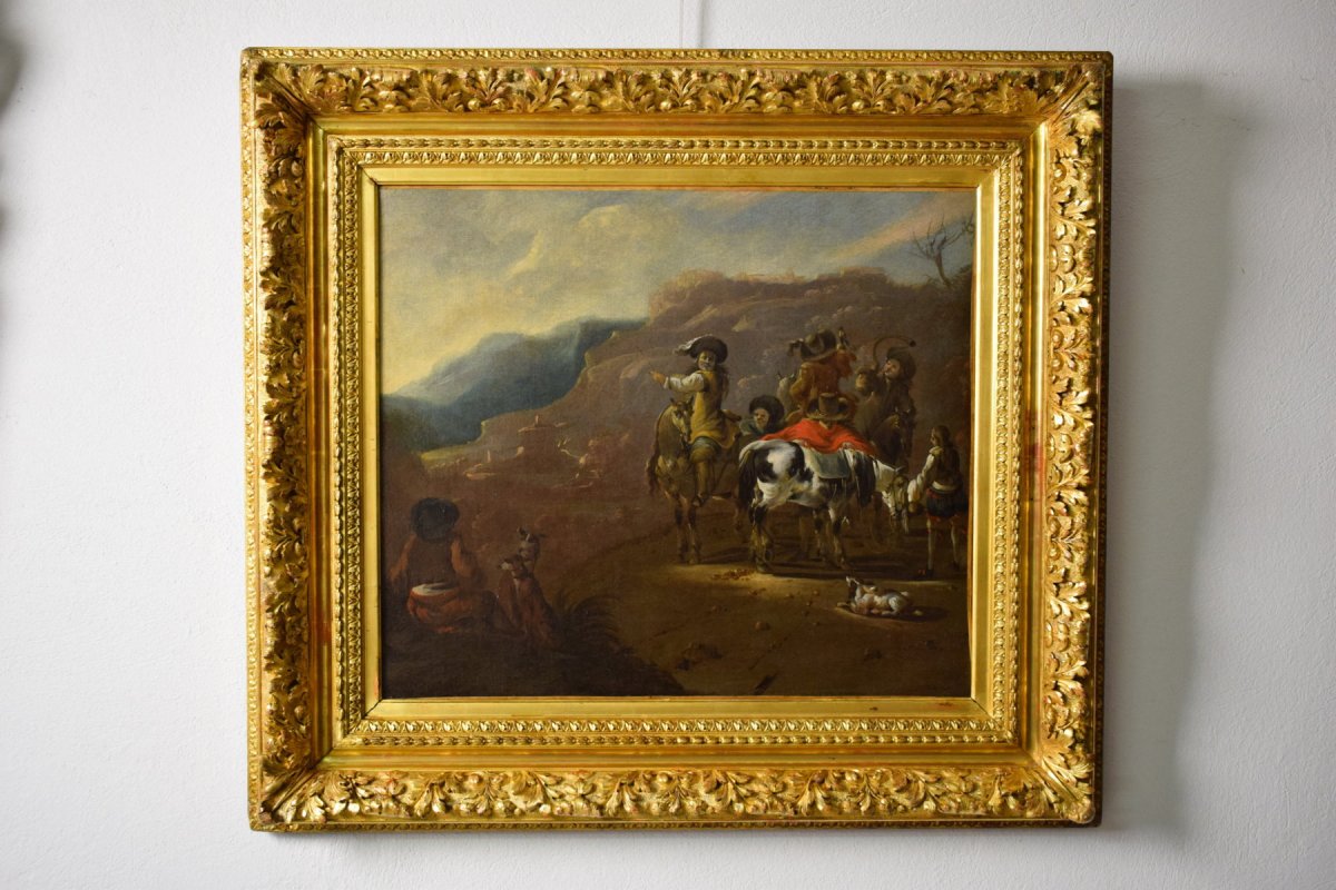 Scène De Chasse, Peintre Hollandais De La Fin Du XVIIe Siècle, Huile Sur Toile