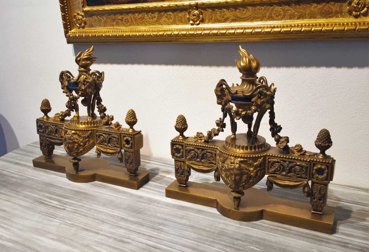 Paire De Chenets De Cheminée En Bronze Doré, France Début XIXe Siècle-photo-2