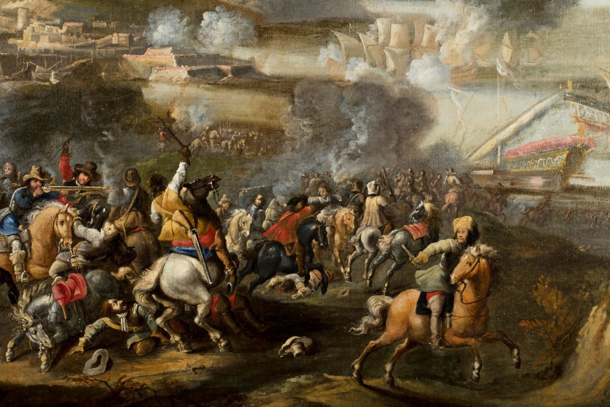 Marzio Masturzo, Bataille Entre Cavalerie Et Vaisseaux, Huile Sur Toile, Italie XVIIIe Siècle-photo-4