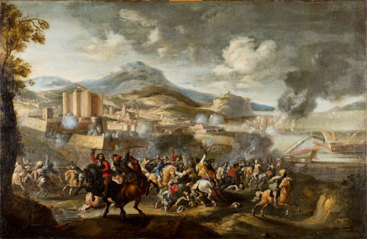 Marzio Masturzo, Bataille Entre Cavalerie Et Vaisseaux, Huile Sur Toile, Italie XVIIIe Siècle