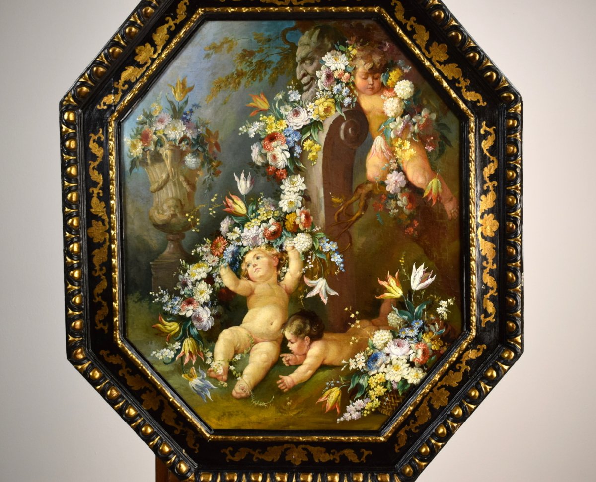 Peintre Romain Du XIXe Siècle,  Nature Morte Avec Putti, Festons De Fleurs, Huile Sur Toile-photo-2