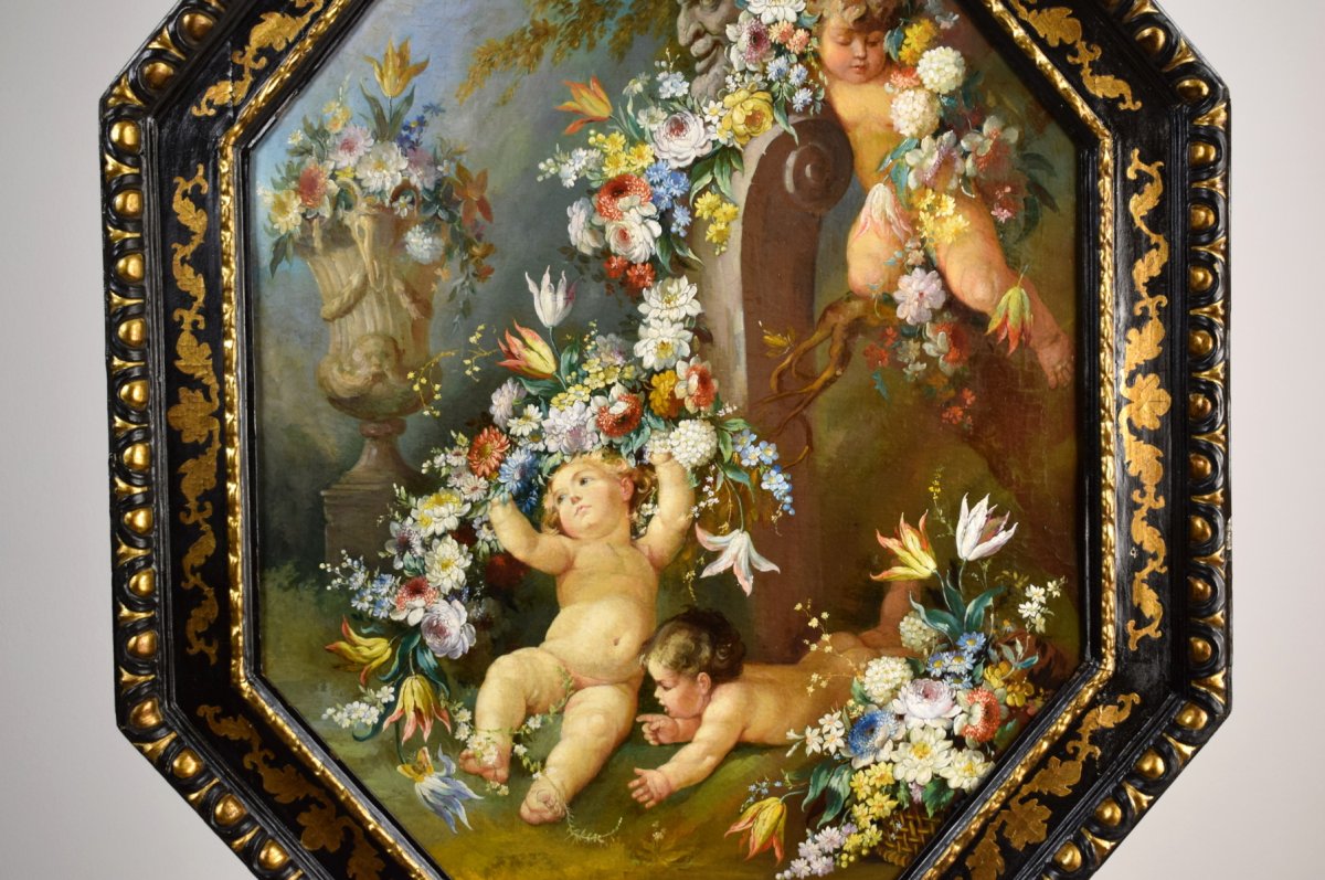 Peintre Romain Du XIXe Siècle,  Nature Morte Avec Putti, Festons De Fleurs, Huile Sur Toile-photo-3