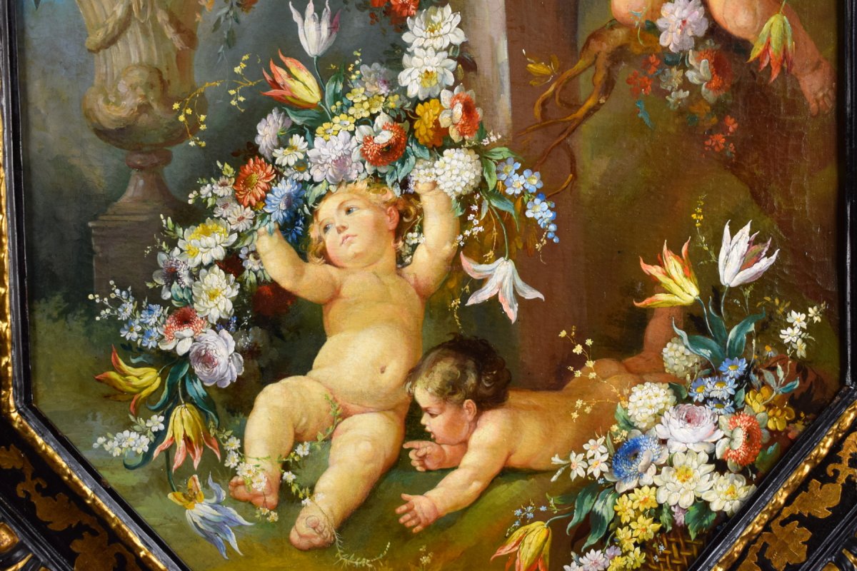 Peintre Romain Du XIXe Siècle,  Nature Morte Avec Putti, Festons De Fleurs, Huile Sur Toile-photo-4