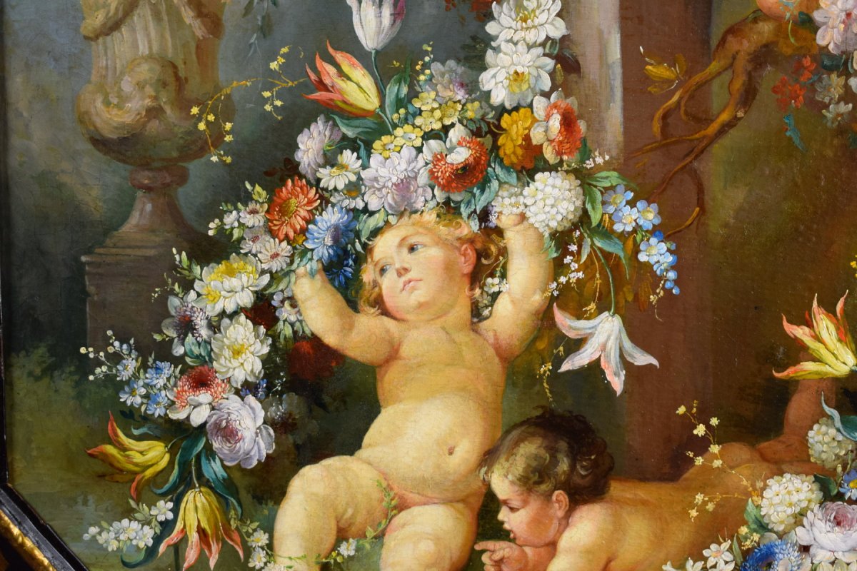 Peintre Romain Du XIXe Siècle,  Nature Morte Avec Putti, Festons De Fleurs, Huile Sur Toile-photo-1