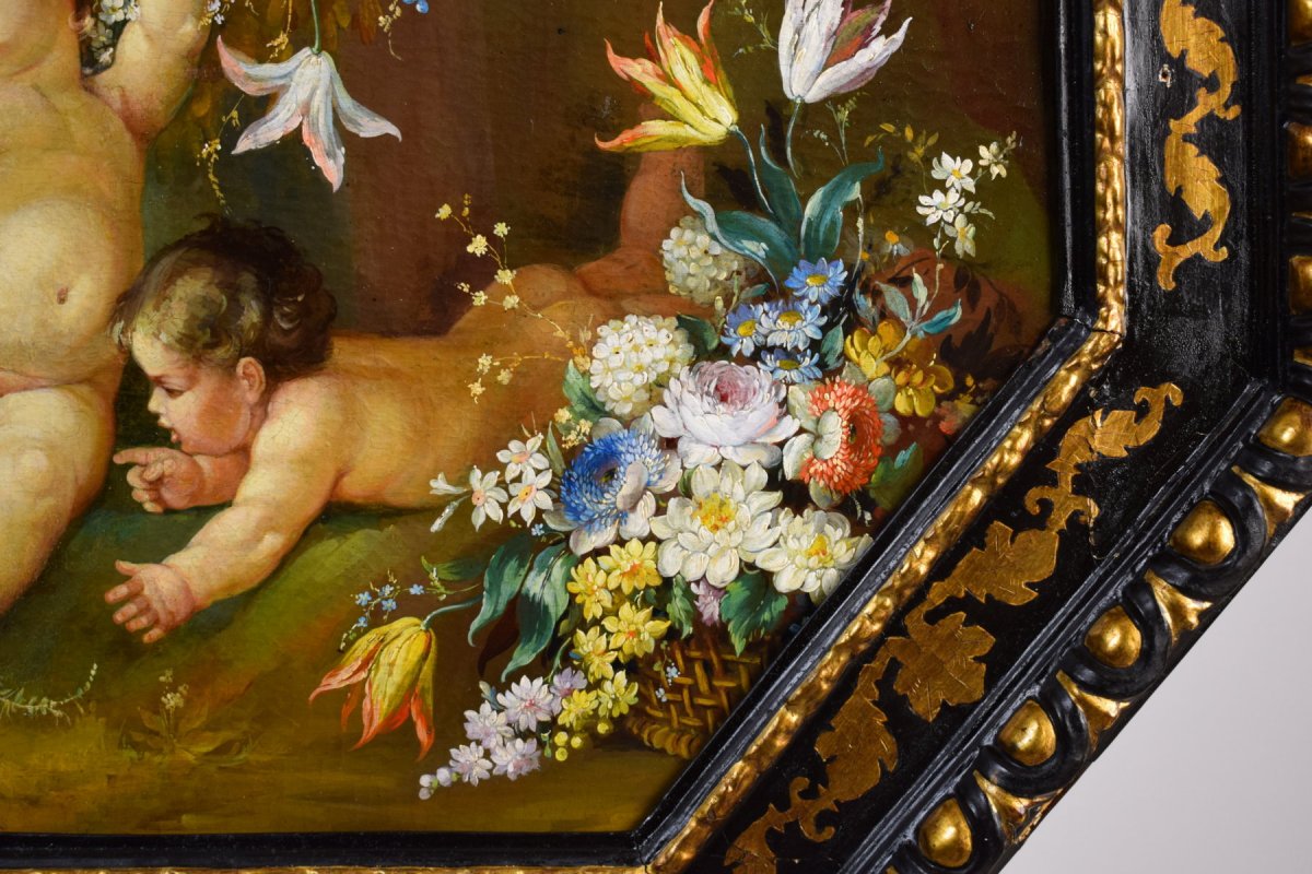 Peintre Romain Du XIXe Siècle,  Nature Morte Avec Putti, Festons De Fleurs, Huile Sur Toile-photo-2