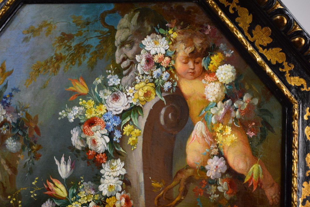 Peintre Romain Du XIXe Siècle,  Nature Morte Avec Putti, Festons De Fleurs, Huile Sur Toile-photo-3