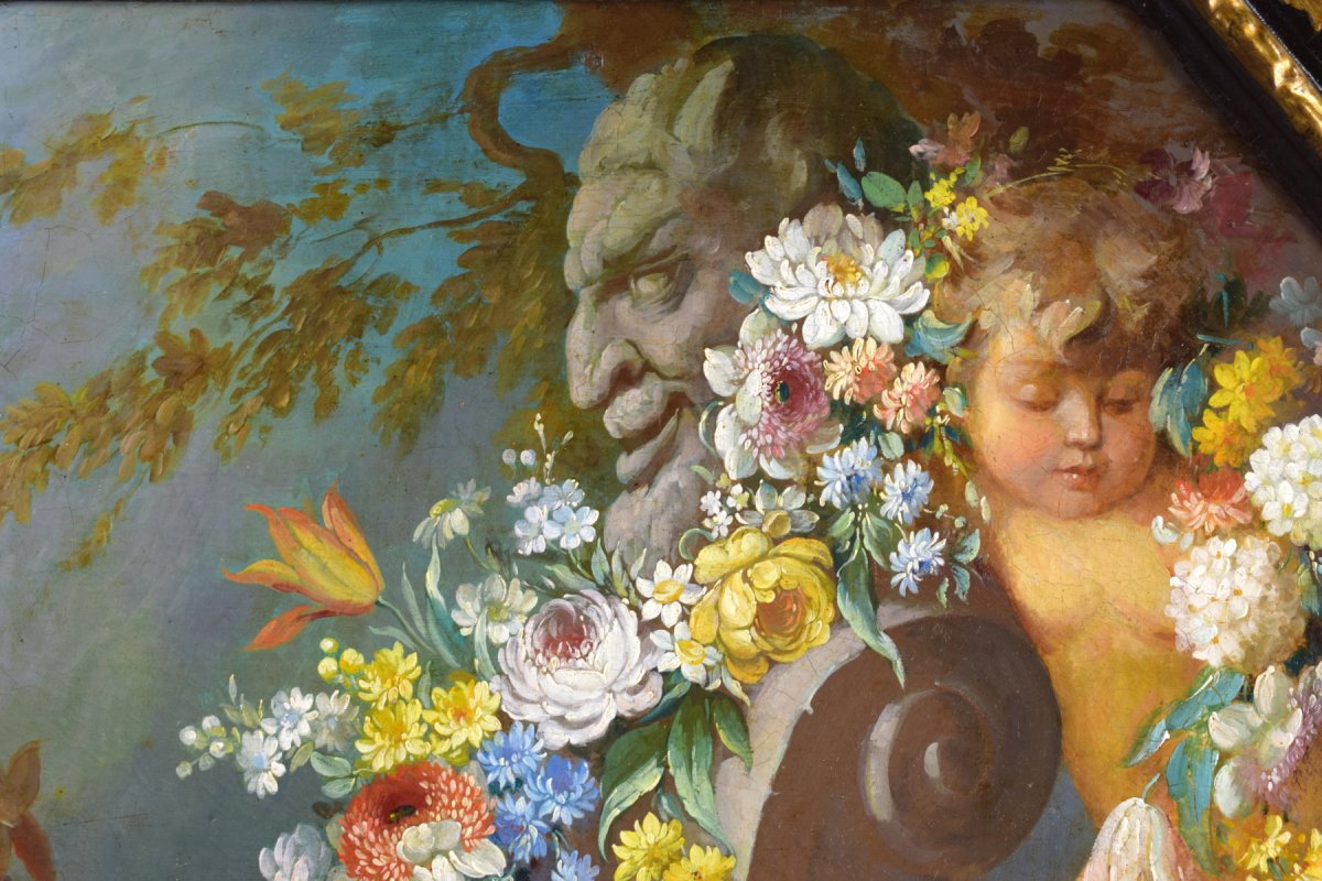 Peintre Romain Du XIXe Siècle,  Nature Morte Avec Putti, Festons De Fleurs, Huile Sur Toile-photo-5