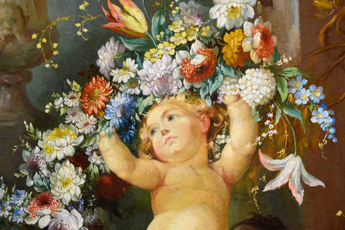 Peintre Romain Du XIXe Siècle,  Nature Morte Avec Putti, Festons De Fleurs, Huile Sur Toile-photo-6