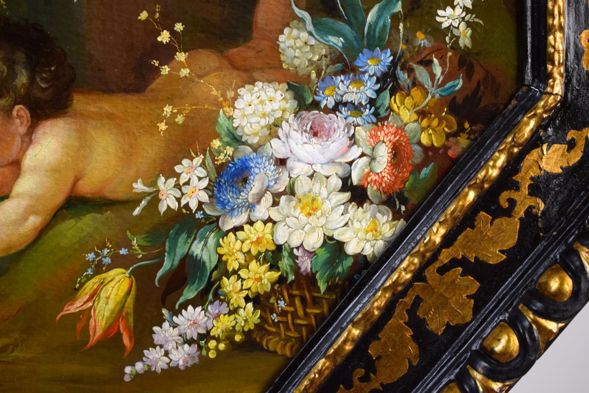 Peintre Romain Du XIXe Siècle,  Nature Morte Avec Putti, Festons De Fleurs, Huile Sur Toile-photo-7