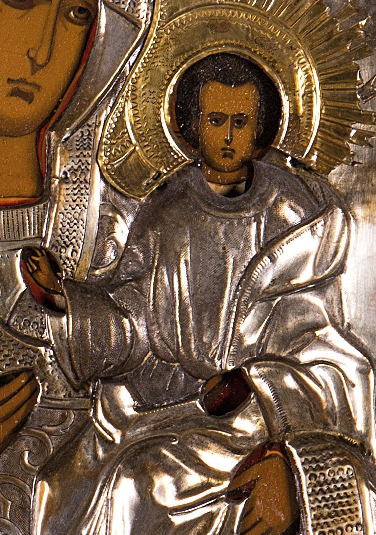 Icône Avec La Vierge à L’enfant, Peinture Sur Panneau, Revêtement En Cuivre Argenté,xixe Siècle-photo-2