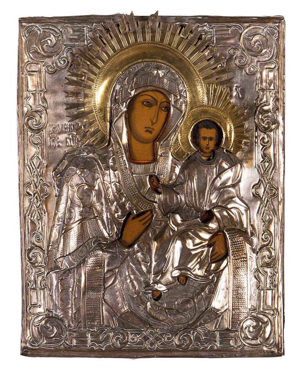 Icône Avec La Vierge à L’enfant, Peinture Sur Panneau, Revêtement En Cuivre Argenté,xixe Siècle