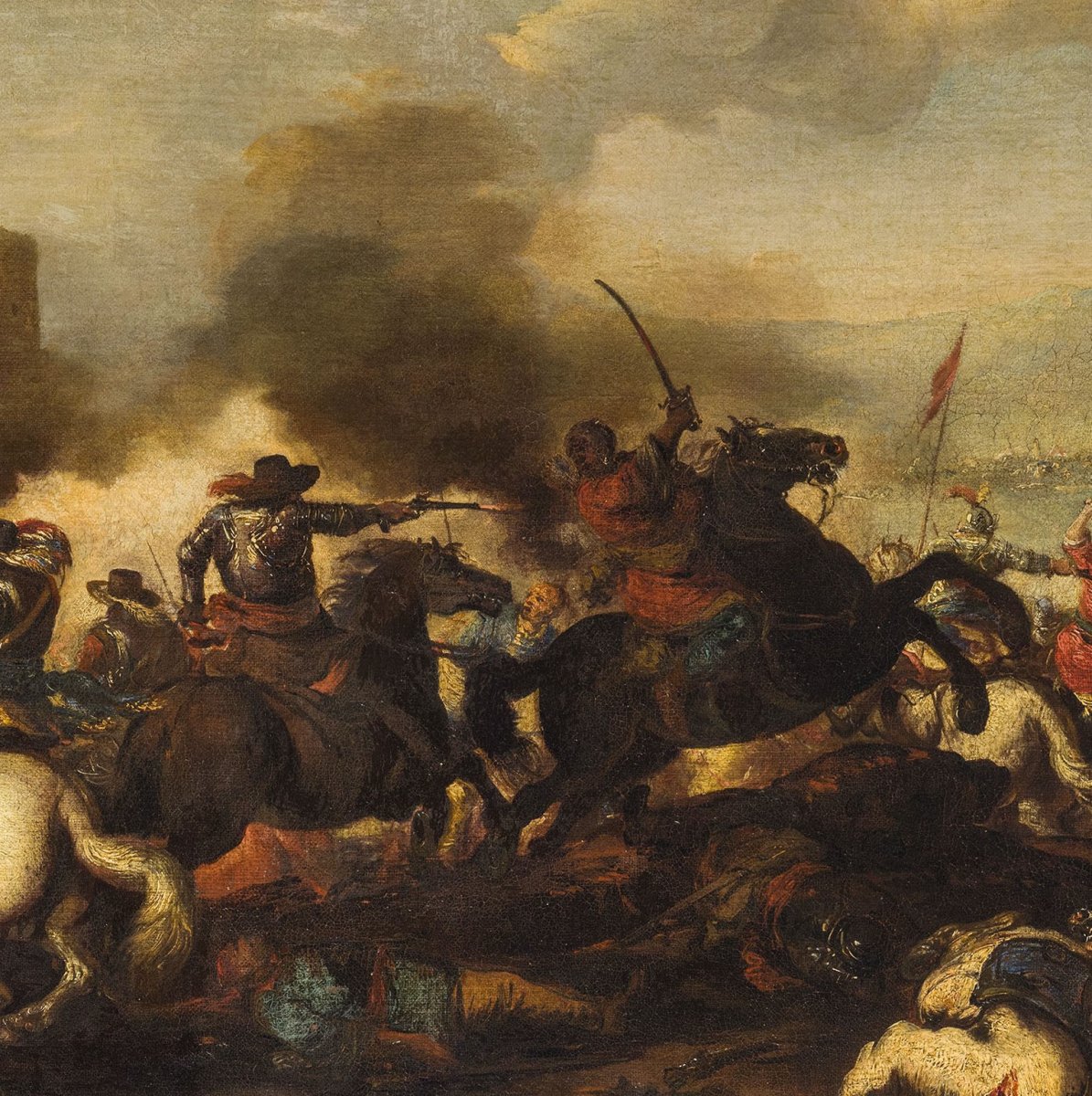 Antonio Calza  (1653 – 1725) Bataille Entre Cavalerie Chrétienne Et Turque Avec Château-photo-2
