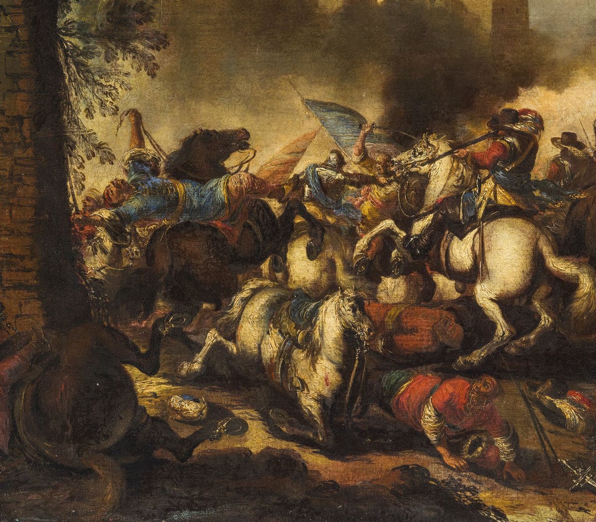Antonio Calza  (1653 – 1725) Bataille Entre Cavalerie Chrétienne Et Turque Avec Château-photo-4