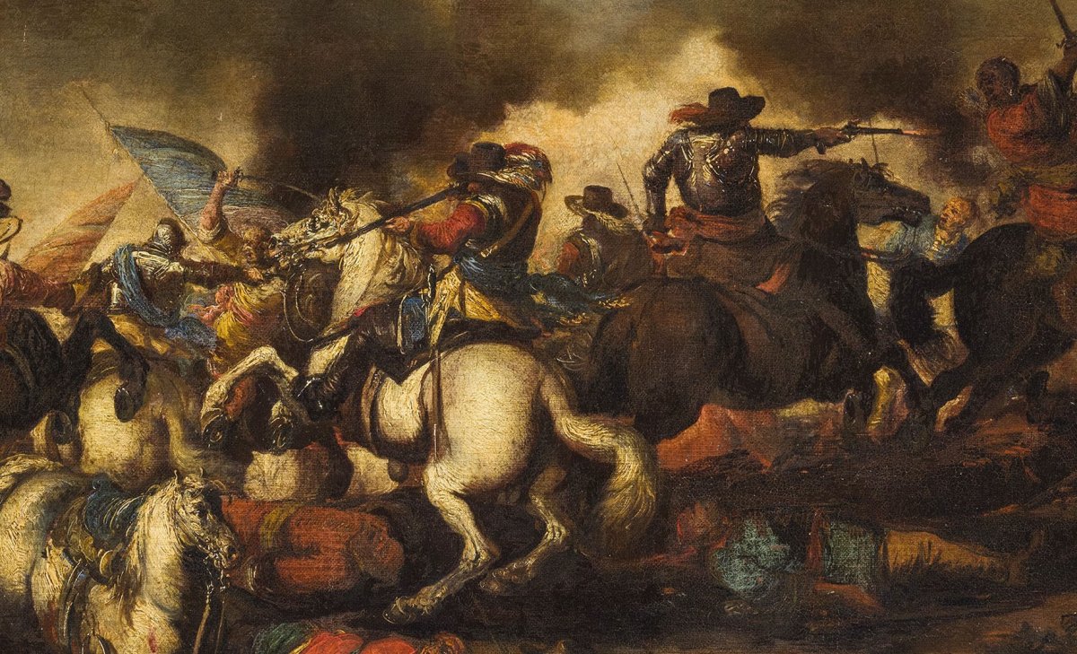 Antonio Calza  (1653 – 1725) Bataille Entre Cavalerie Chrétienne Et Turque Avec Château-photo-2