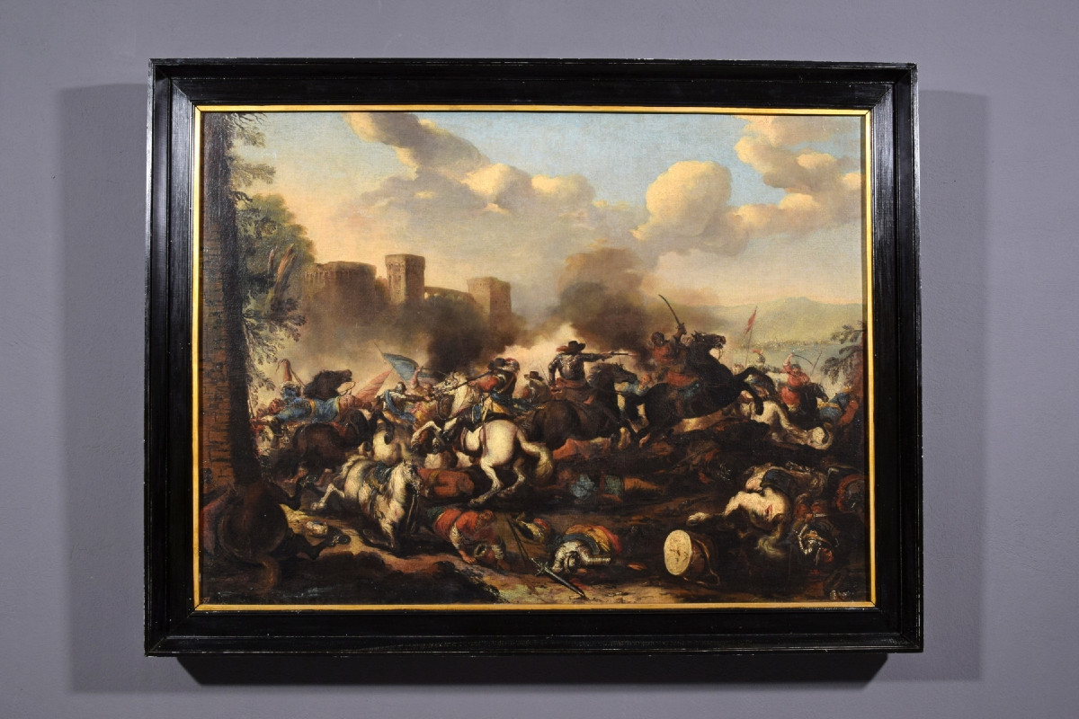 Antonio Calza (1653 – 1725), Battaglia tra cavallerie cristiana e turca con castello-photo-5