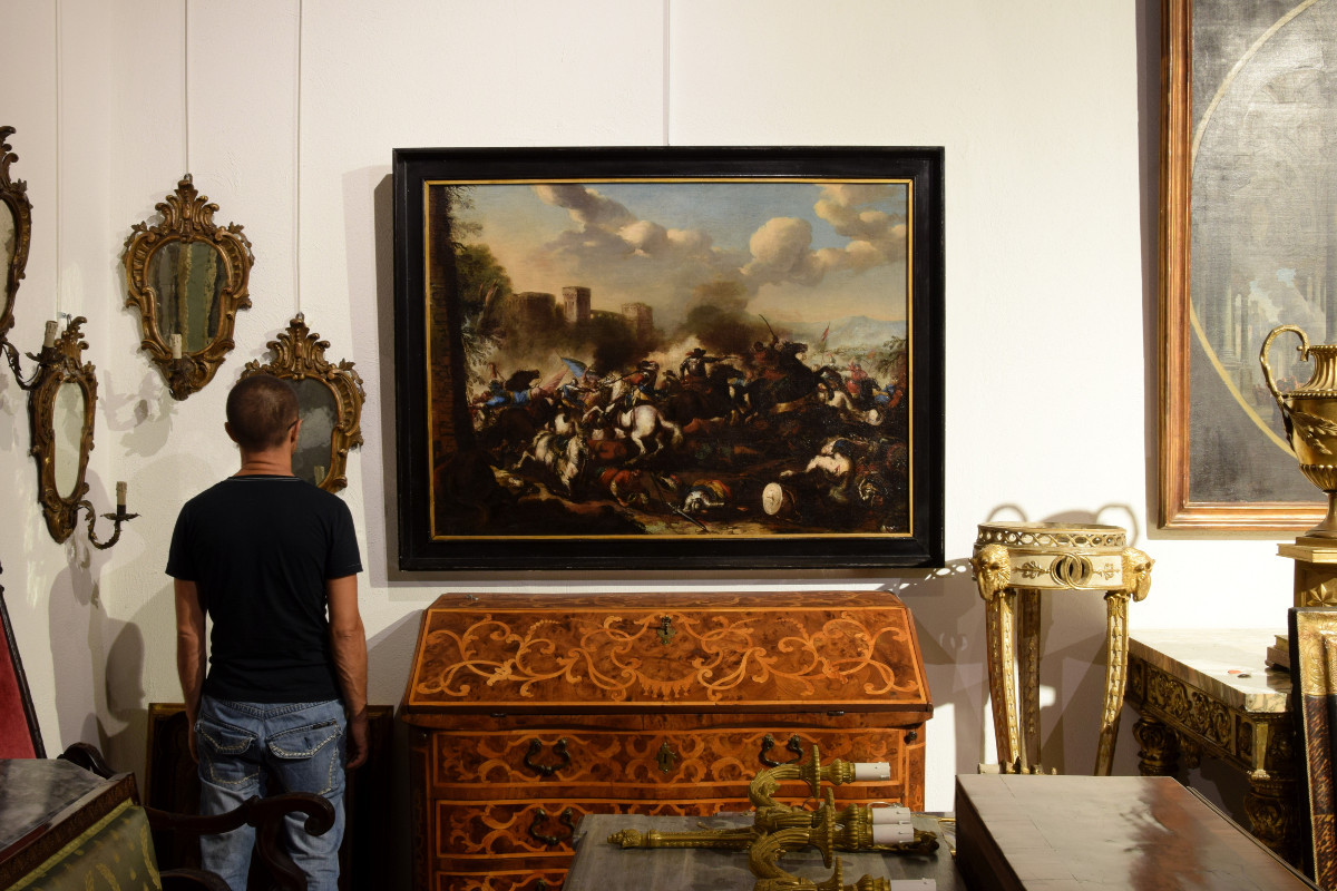 Antonio Calza (1653 – 1725), Battaglia tra cavallerie cristiana e turca con castello-photo-6