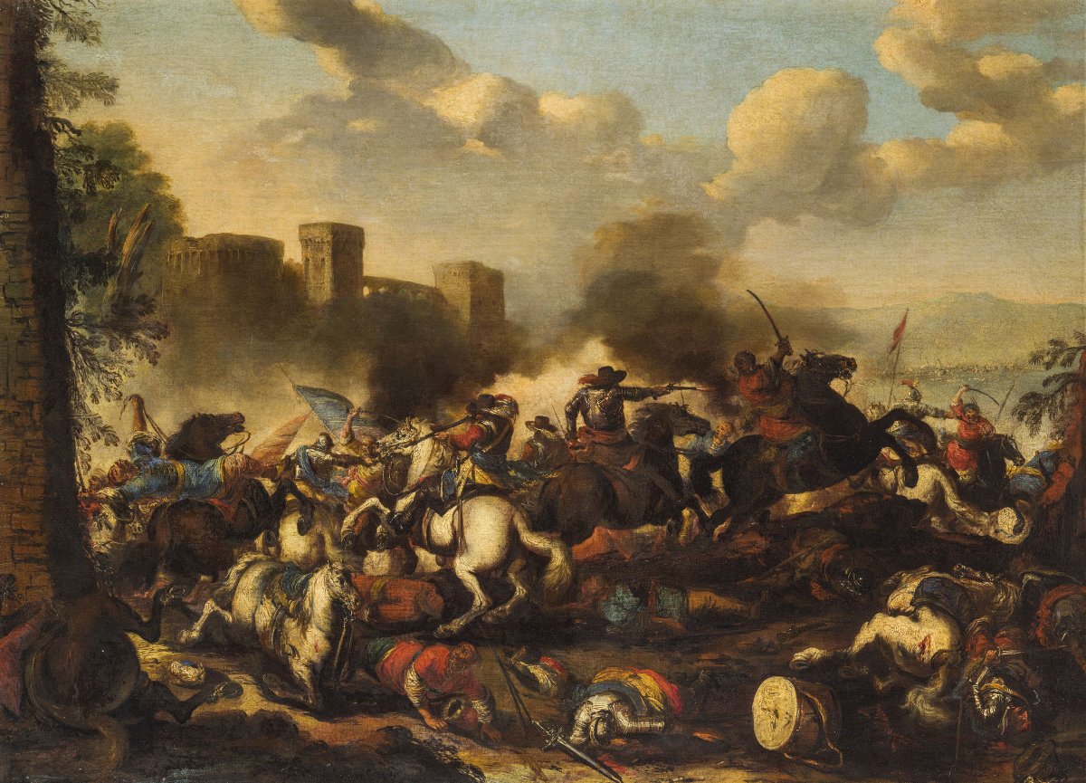 Antonio Calza  (1653 – 1725) Bataille Entre Cavalerie Chrétienne Et Turque Avec Château