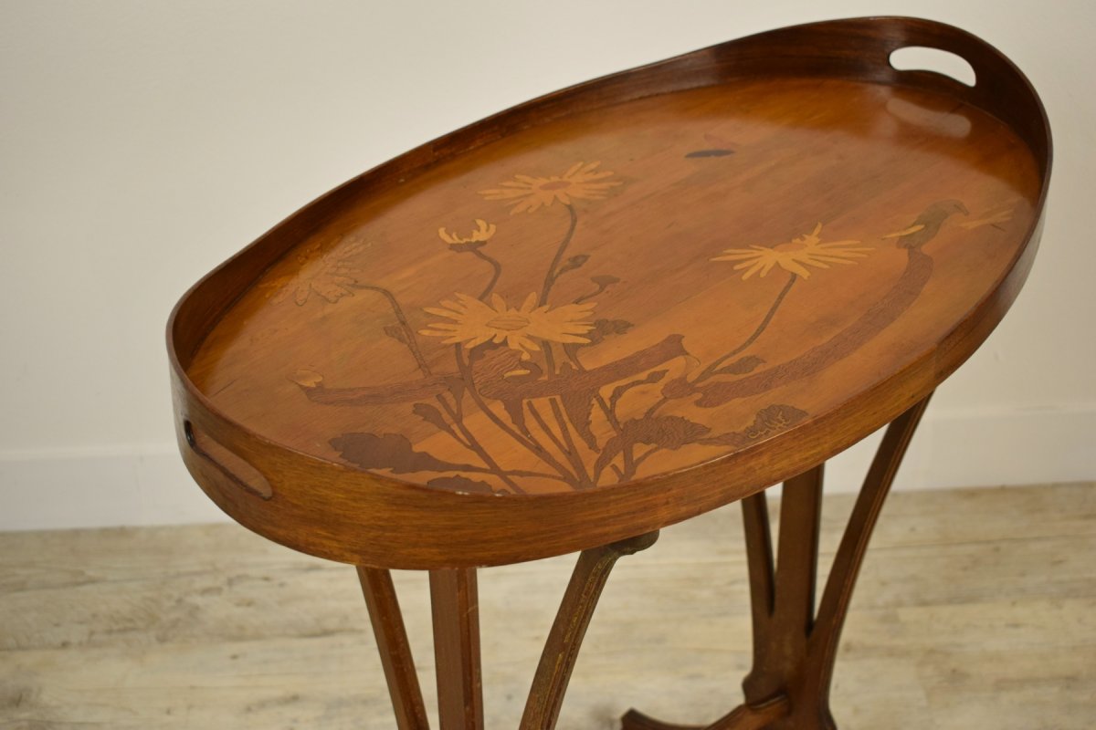 Elegante tavolino a vassoio in legno finemente intarsiato, firmato Emile Gallè (1846-1904), Francia -photo-4