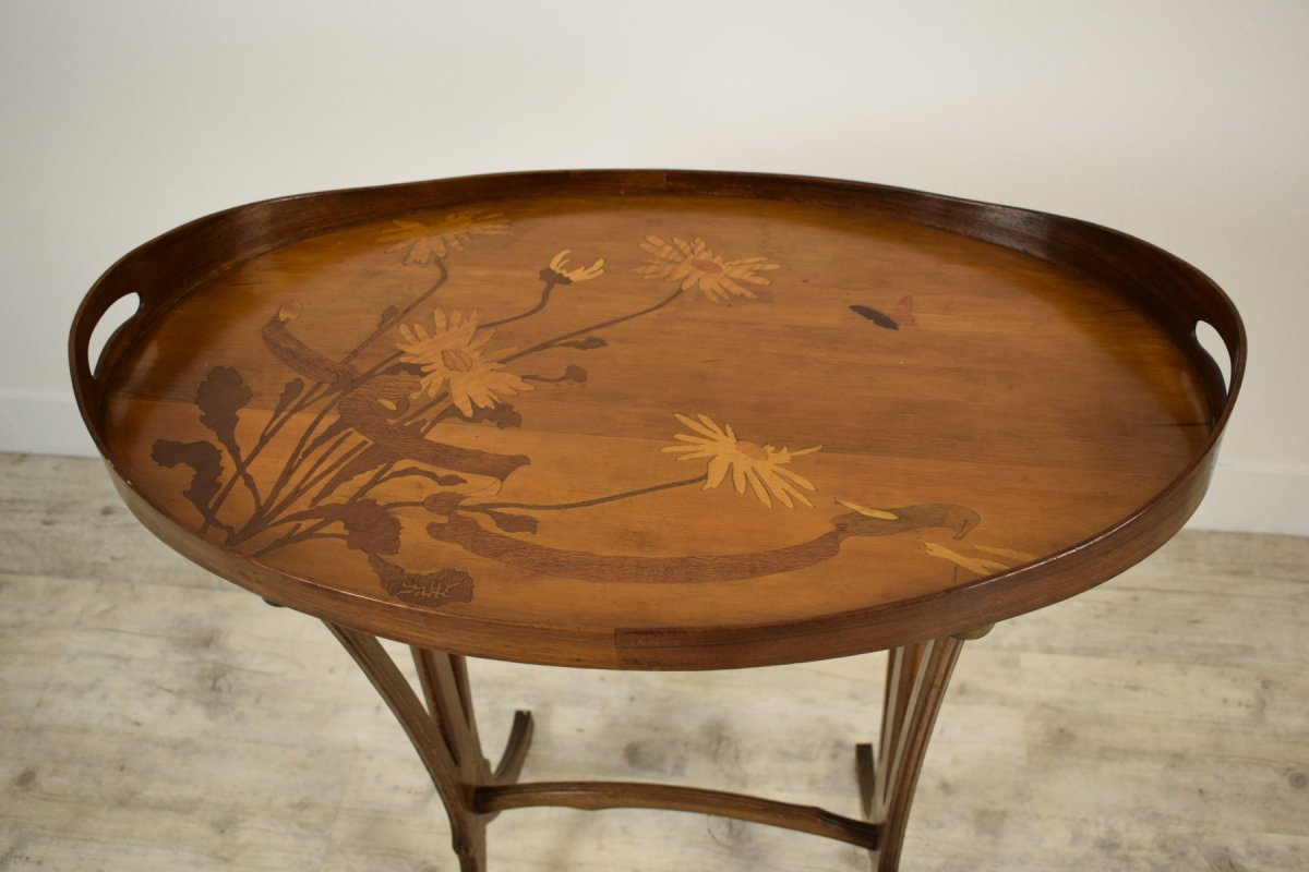 Elegante tavolino a vassoio in legno finemente intarsiato, firmato Emile Gallè (1846-1904), Francia -photo-5