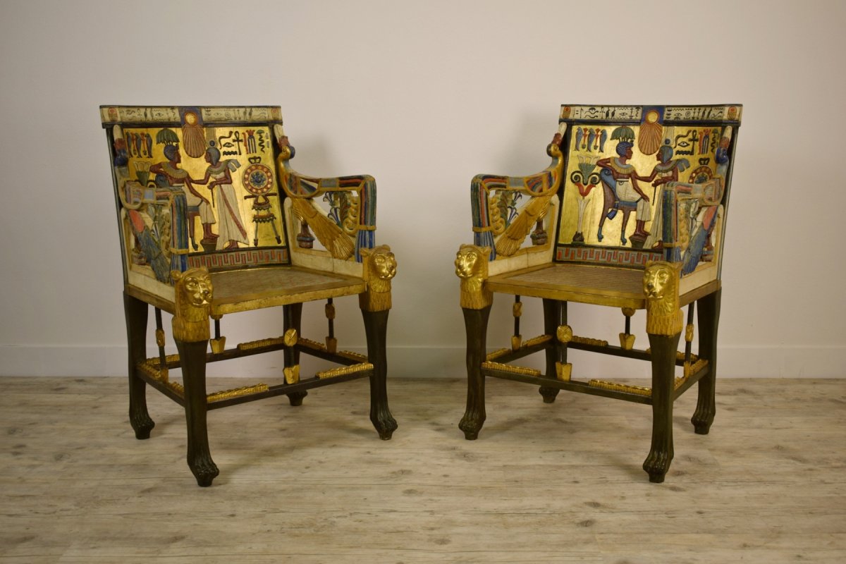 Paire De Fauteuils En Bois Sculpté, Laqué Et Doré De Goût égyptien, XXe Siècle-photo-3