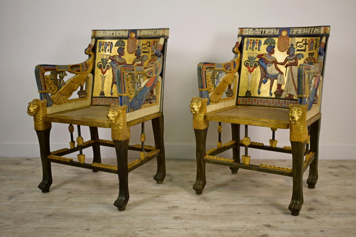 Paire De Fauteuils En Bois Sculpté, Laqué Et Doré De Goût égyptien, XXe Siècle-photo-4