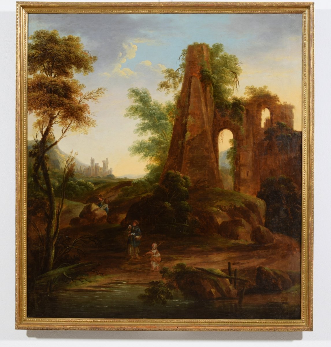 Peinture à L’huile Sur Toile, Paysage Avec Ruines Et Voyageurs, Italie  XVIIIe Siècle-photo-2