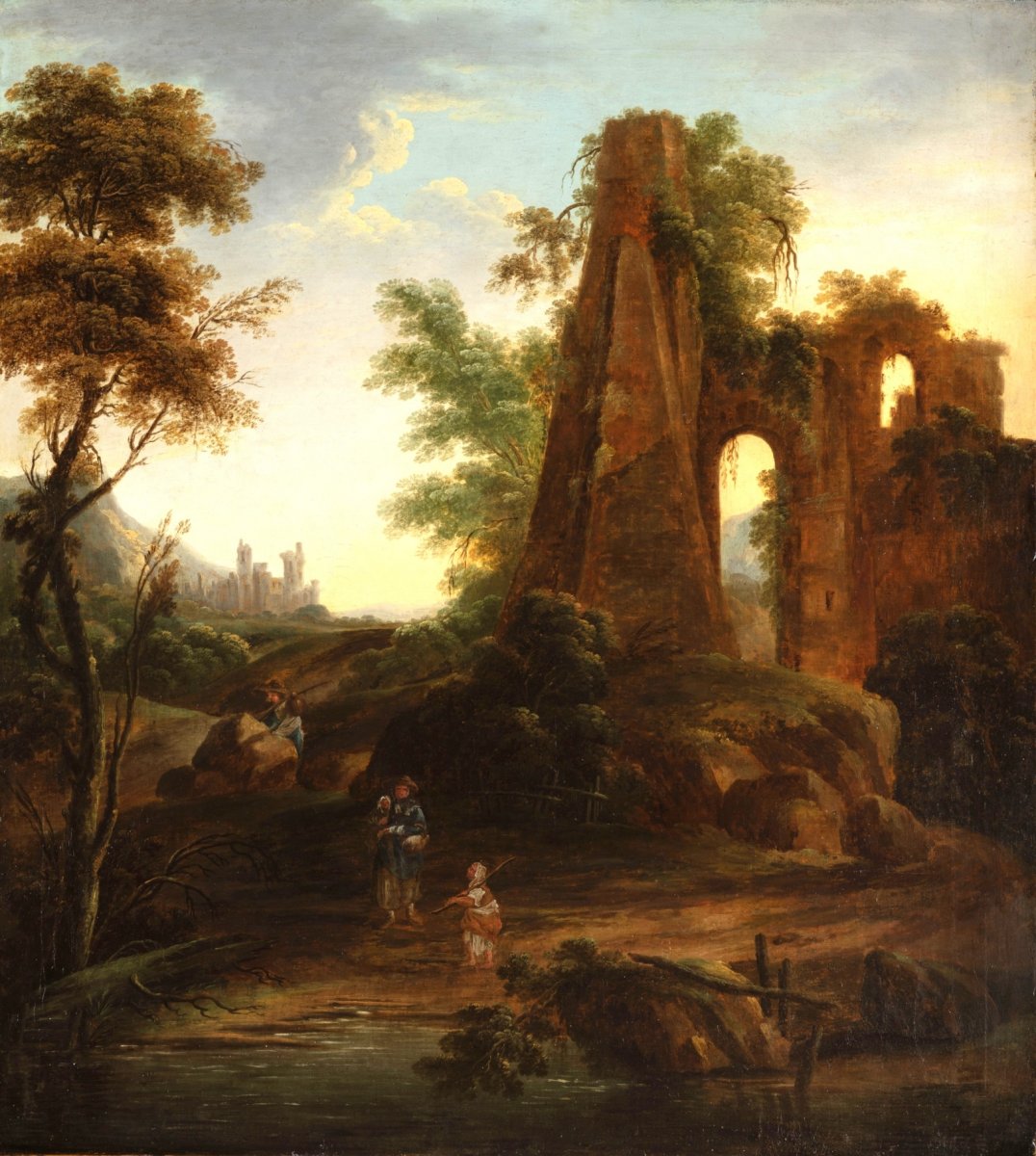 Peinture à L’huile Sur Toile, Paysage Avec Ruines Et Voyageurs, Italie  XVIIIe Siècle-photo-3