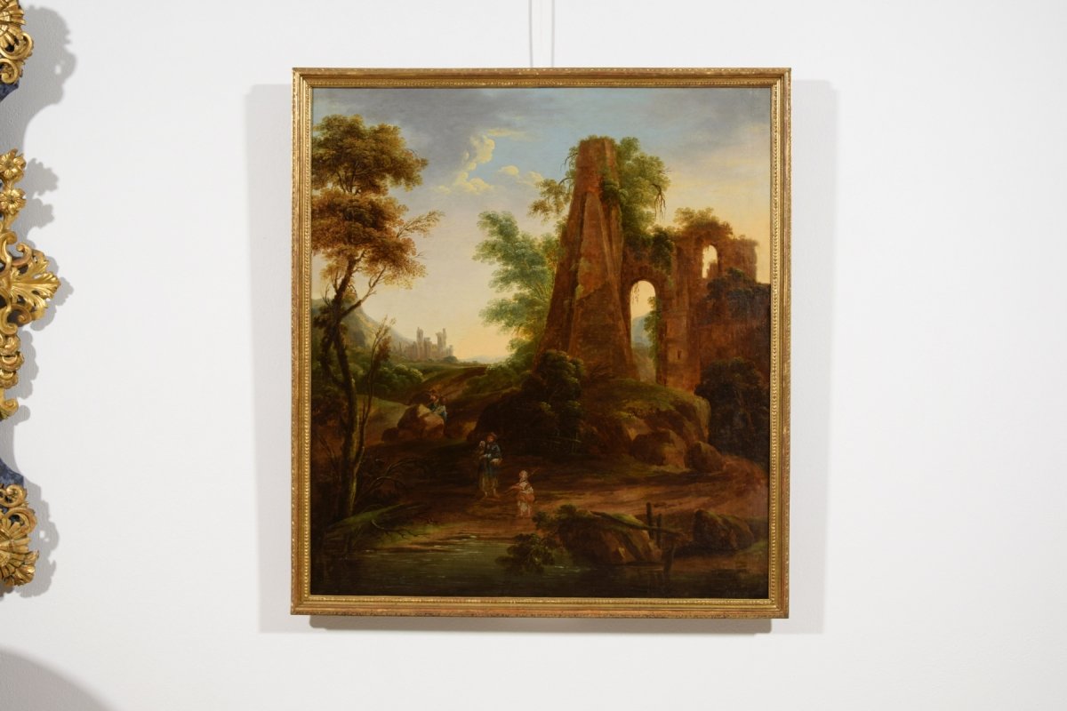 Peinture à L’huile Sur Toile, Paysage Avec Ruines Et Voyageurs, Italie  XVIIIe Siècle-photo-4