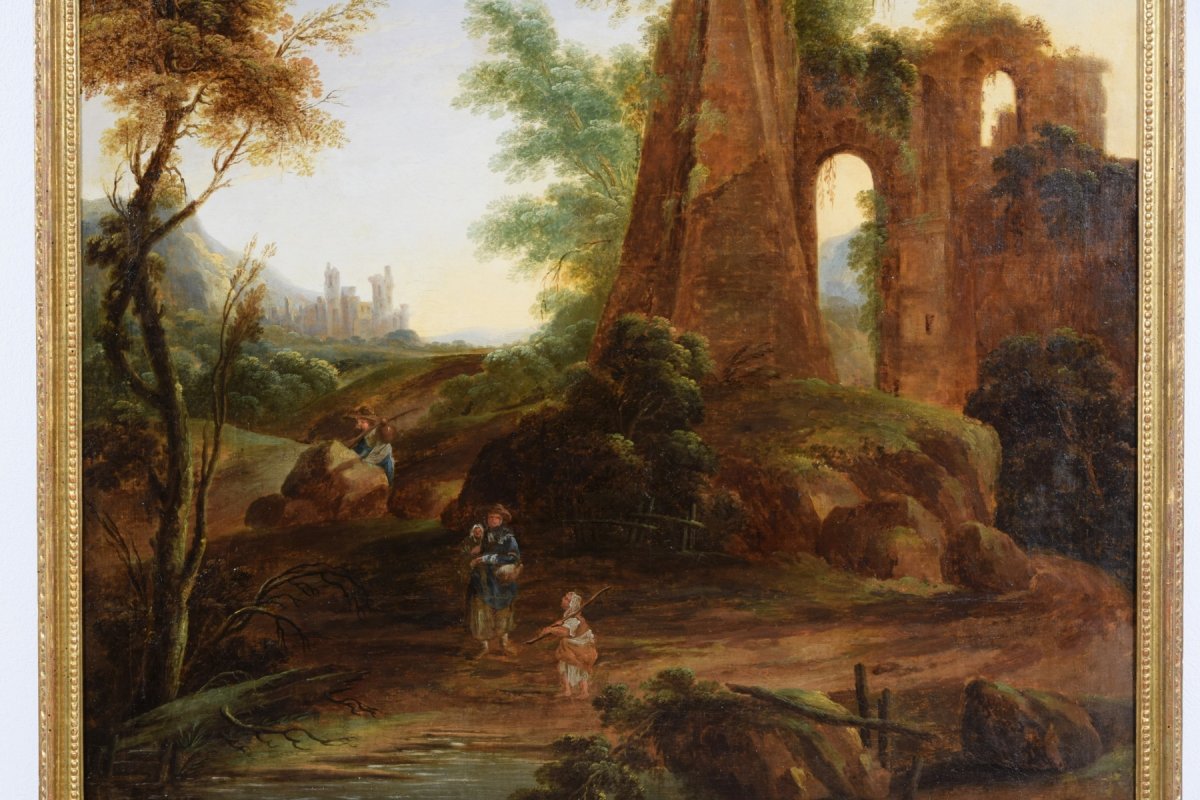 Peinture à L’huile Sur Toile, Paysage Avec Ruines Et Voyageurs, Italie  XVIIIe Siècle-photo-1