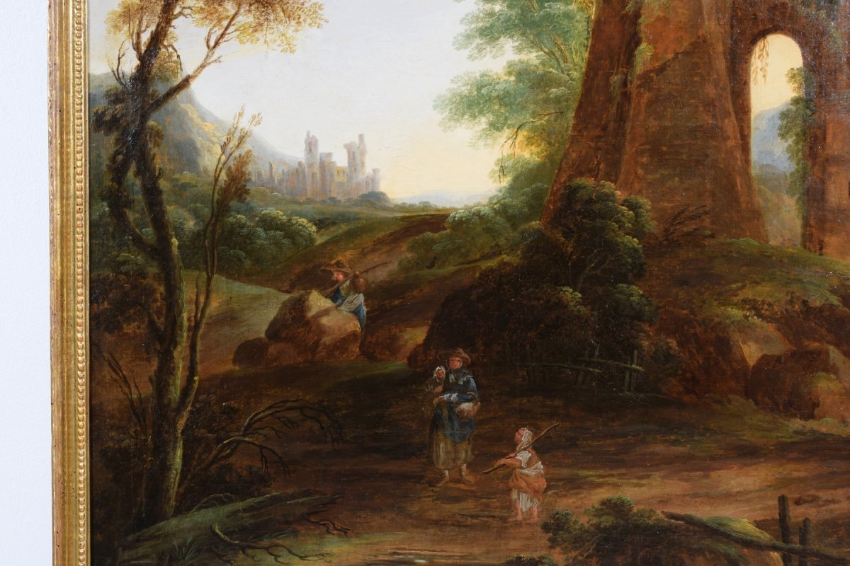 Peinture à L’huile Sur Toile, Paysage Avec Ruines Et Voyageurs, Italie  XVIIIe Siècle-photo-2