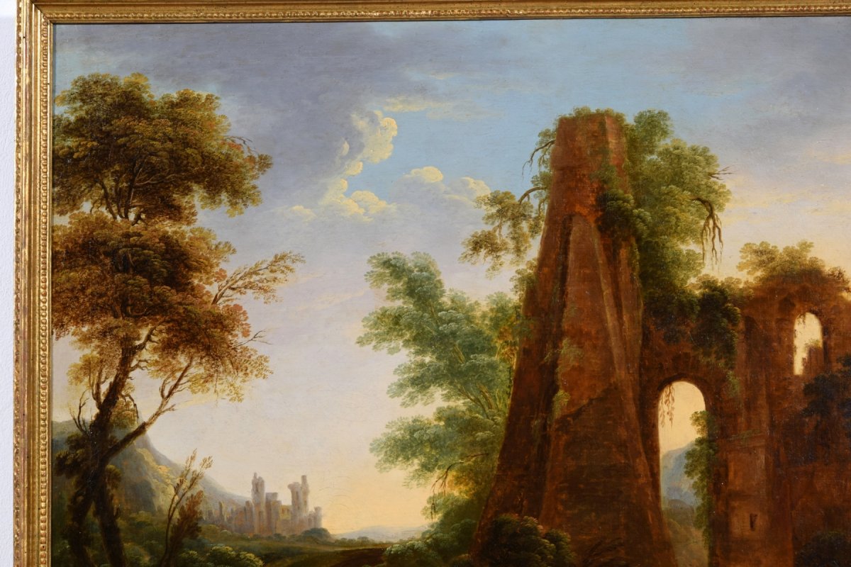 Peinture à L’huile Sur Toile, Paysage Avec Ruines Et Voyageurs, Italie  XVIIIe Siècle-photo-3