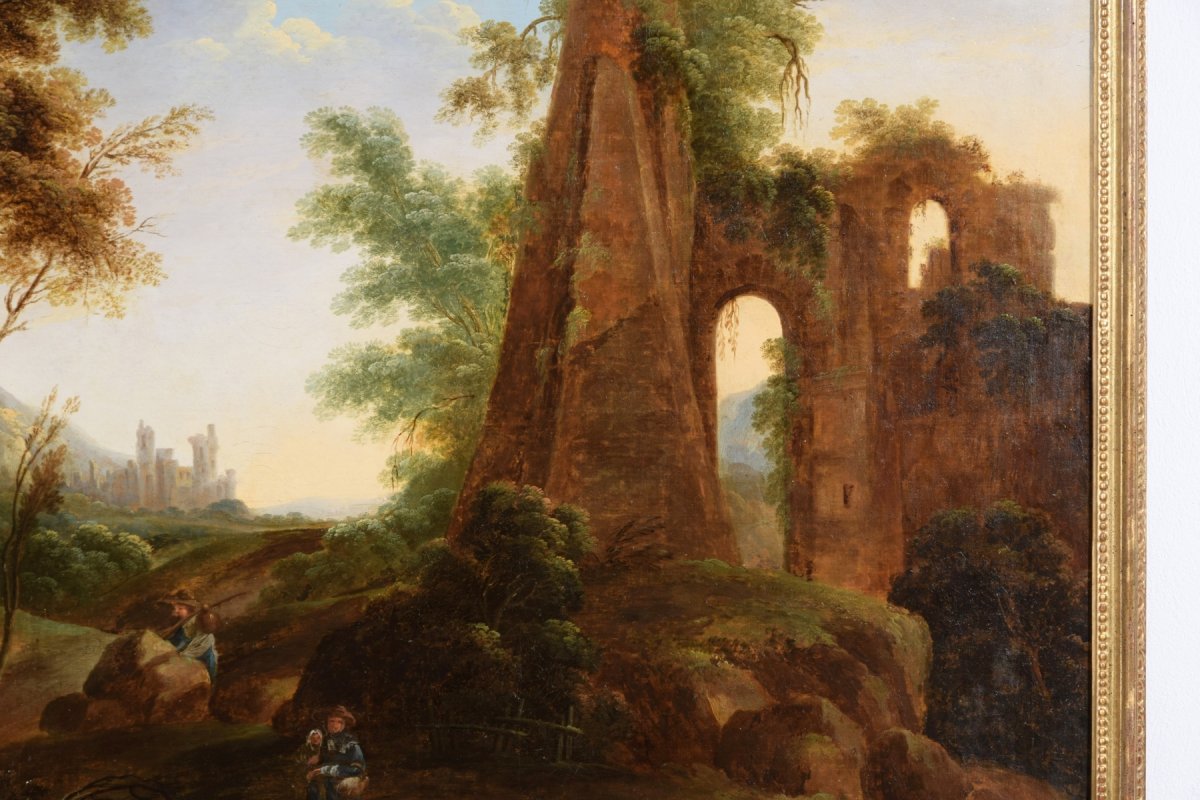 Peinture à L’huile Sur Toile, Paysage Avec Ruines Et Voyageurs, Italie  XVIIIe Siècle-photo-4