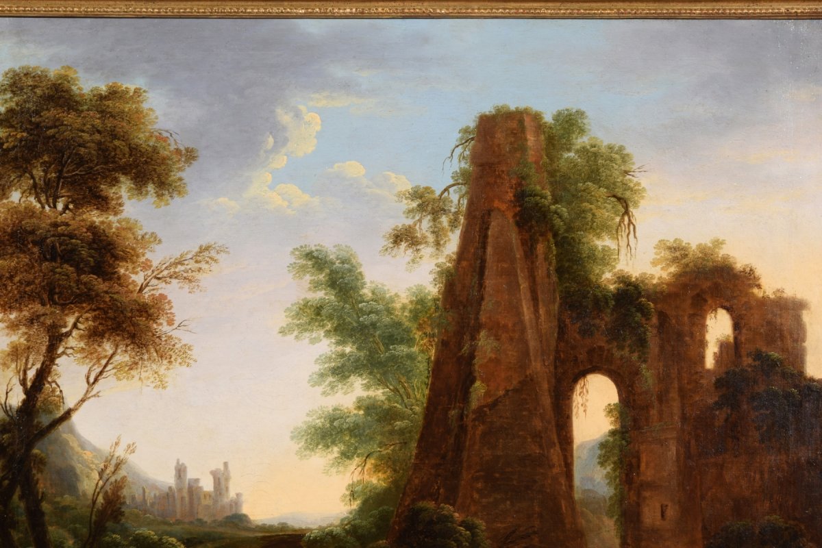 Peinture à L’huile Sur Toile, Paysage Avec Ruines Et Voyageurs, Italie  XVIIIe Siècle-photo-5