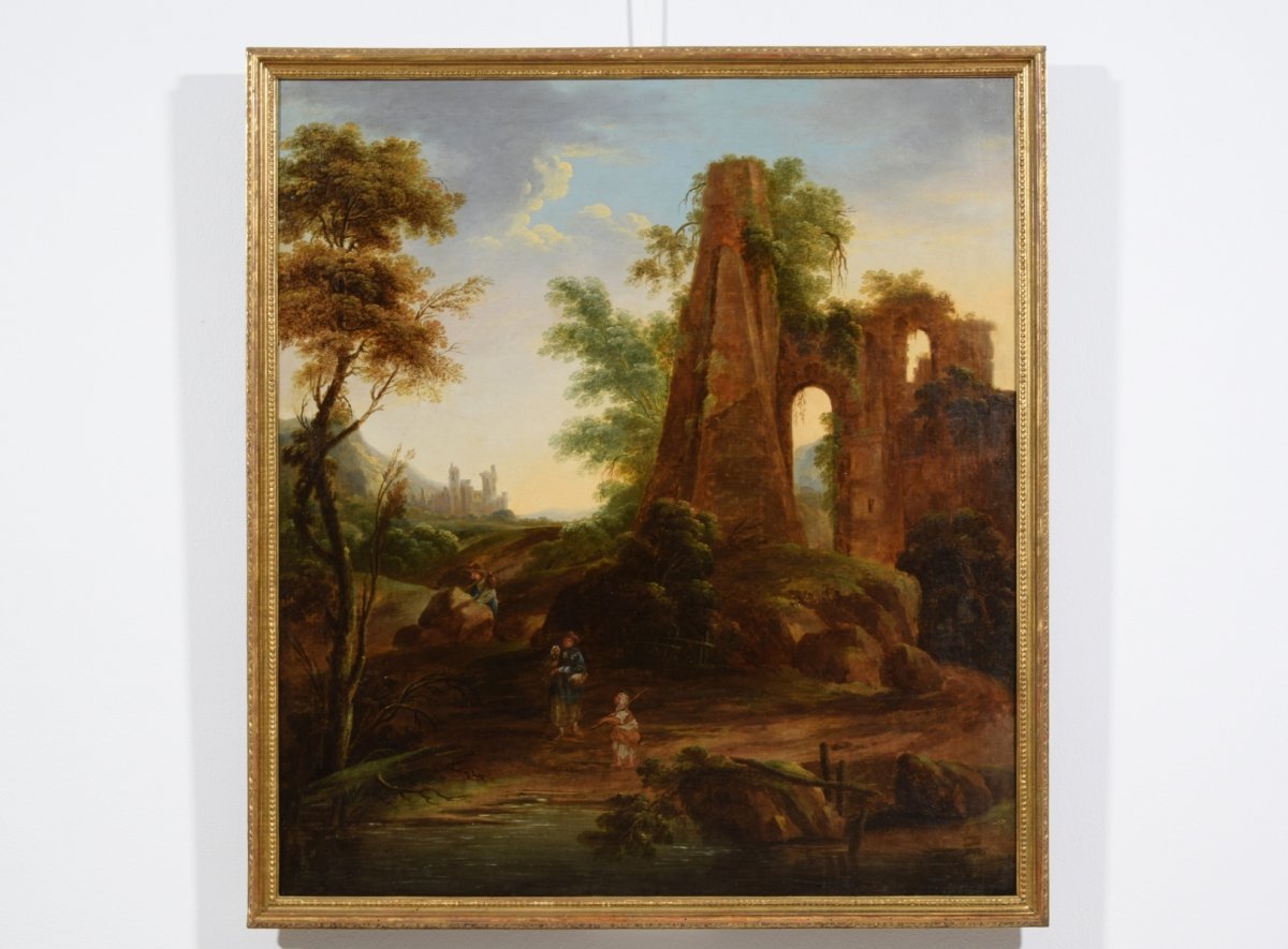 Peinture à L’huile Sur Toile, Paysage Avec Ruines Et Voyageurs, Italie  XVIIIe Siècle-photo-7