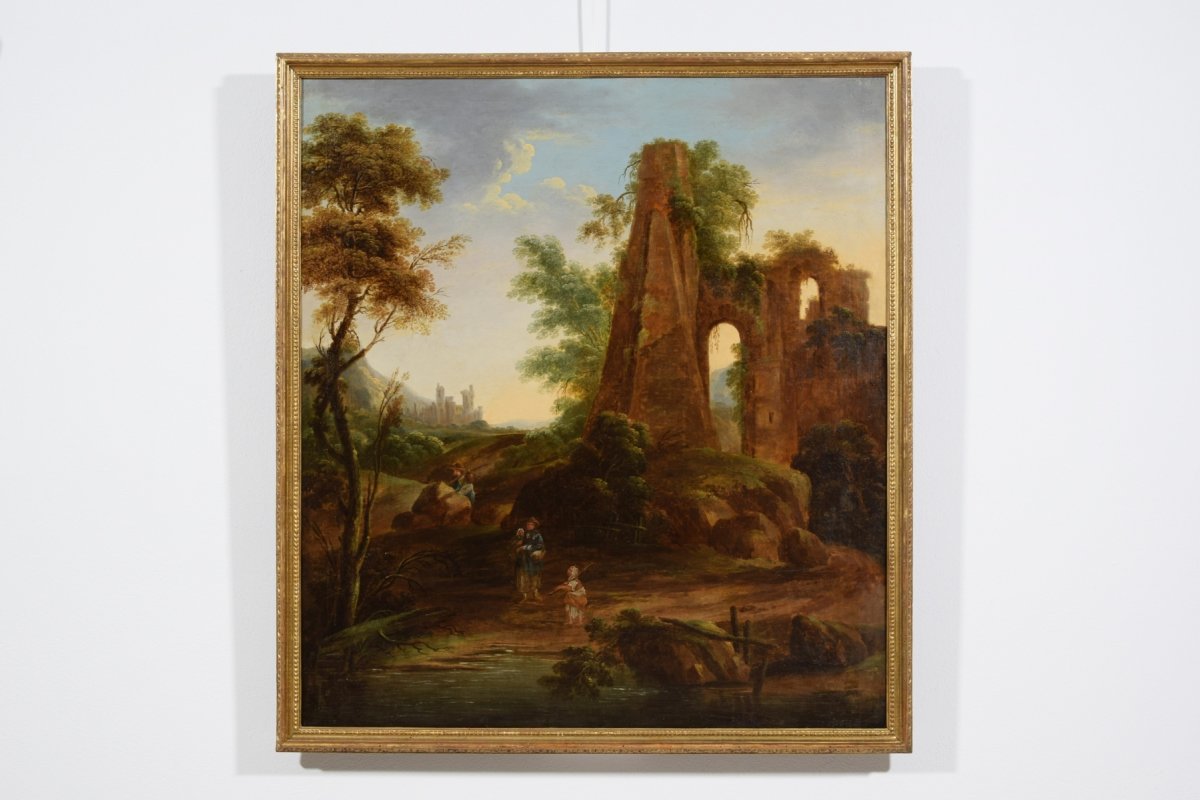 Peinture à L’huile Sur Toile, Paysage Avec Ruines Et Voyageurs, Italie  XVIIIe Siècle-photo-8