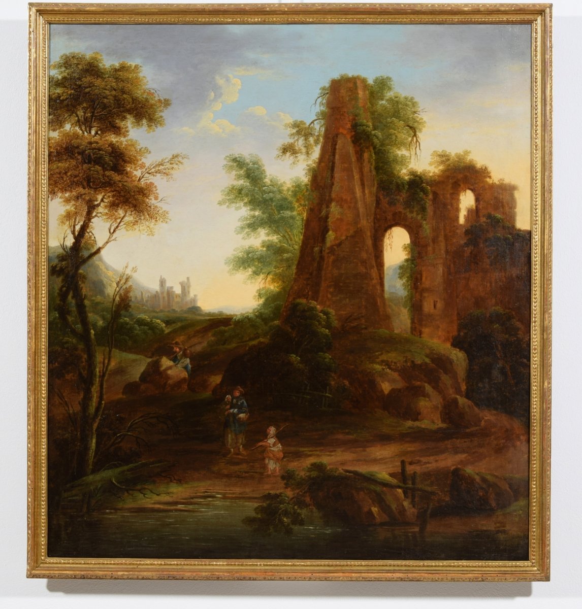 Peinture à L’huile Sur Toile, Paysage Avec Ruines Et Voyageurs, Italie  XVIIIe Siècle