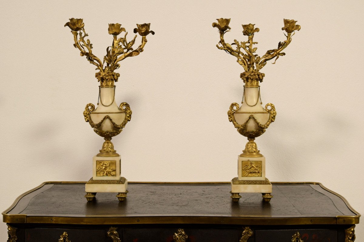 Couple De Candélabres En Bronze Doré Et Marbre, France XIXe Siècle-photo-2