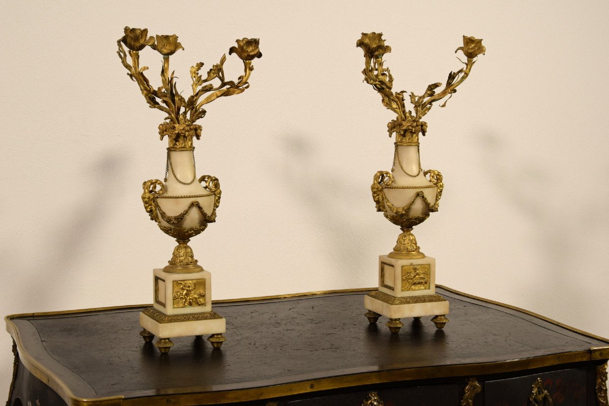 Couple De Candélabres En Bronze Doré Et Marbre, France XIXe Siècle-photo-3