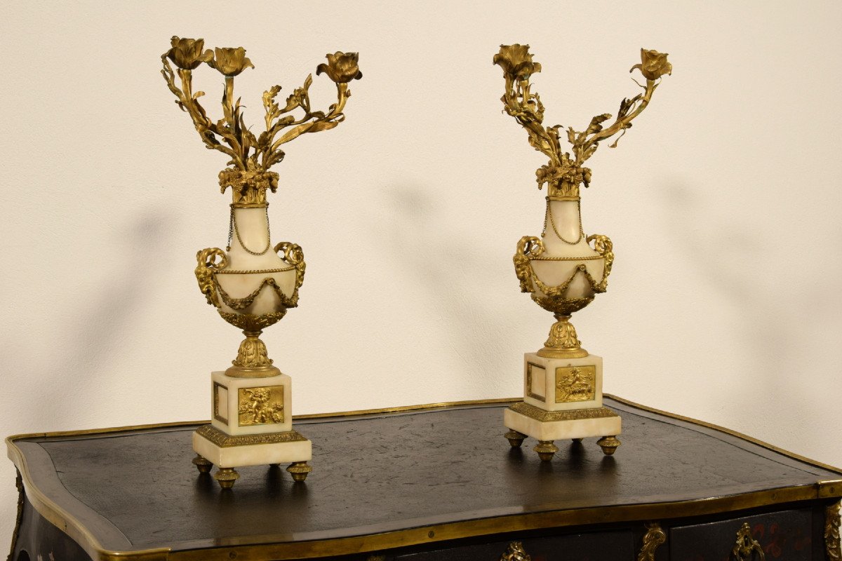 Couple De Candélabres En Bronze Doré Et Marbre, France XIXe Siècle-photo-4
