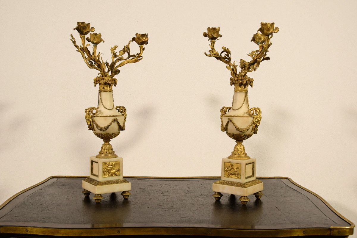 Couple De Candélabres En Bronze Doré Et Marbre, France XIXe Siècle-photo-5