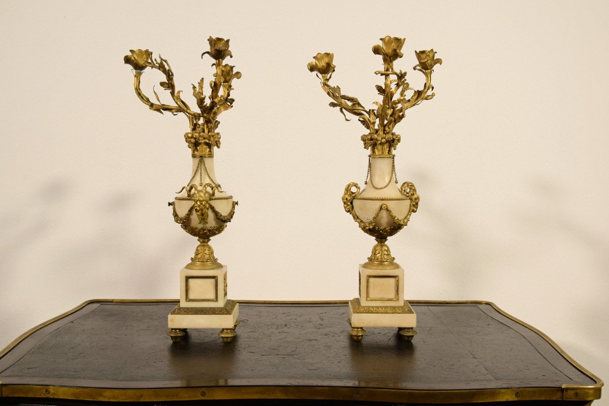 Couple De Candélabres En Bronze Doré Et Marbre, France XIXe Siècle-photo-6