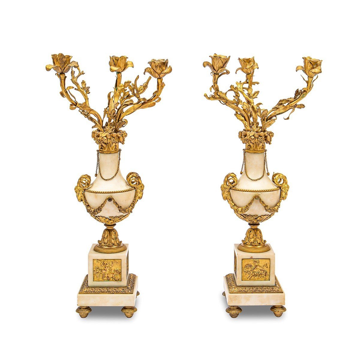 Couple De Candélabres En Bronze Doré Et Marbre, France XIXe Siècle
